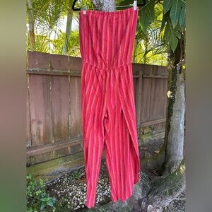 Anthropologie Drew Emerson Strapless Jumpsuit Side Slits Linen Blend Red S